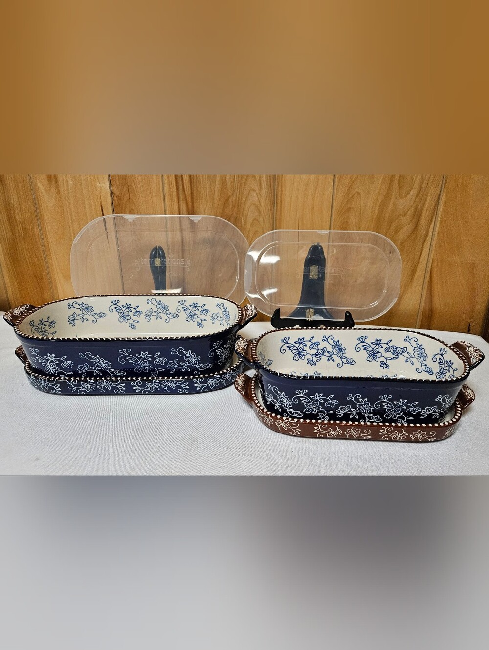 Temptations Floral Lace 6 PC Set 1QT & 2QT Navy Blue Bakeware Serveware
